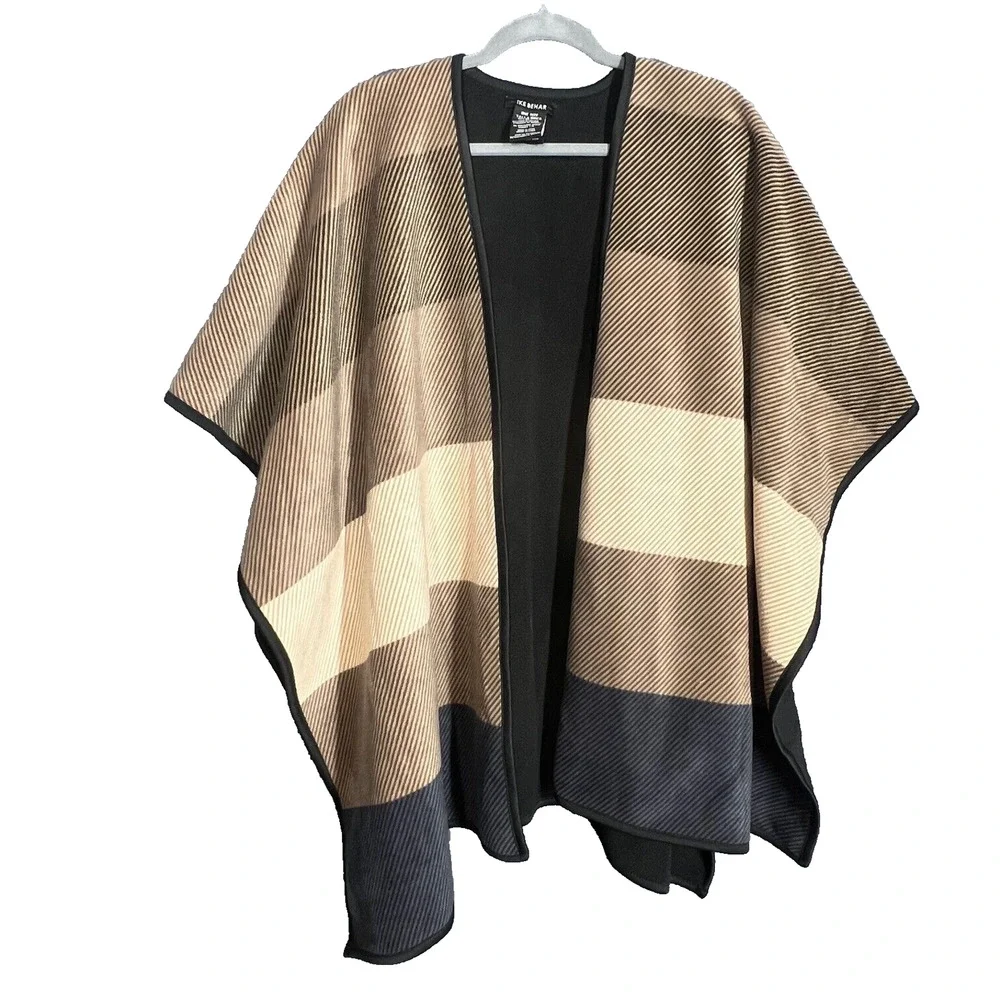 Ike Behar Reversible Caplet Poncho Womens One Size Tan Stripe Open Front Fleece